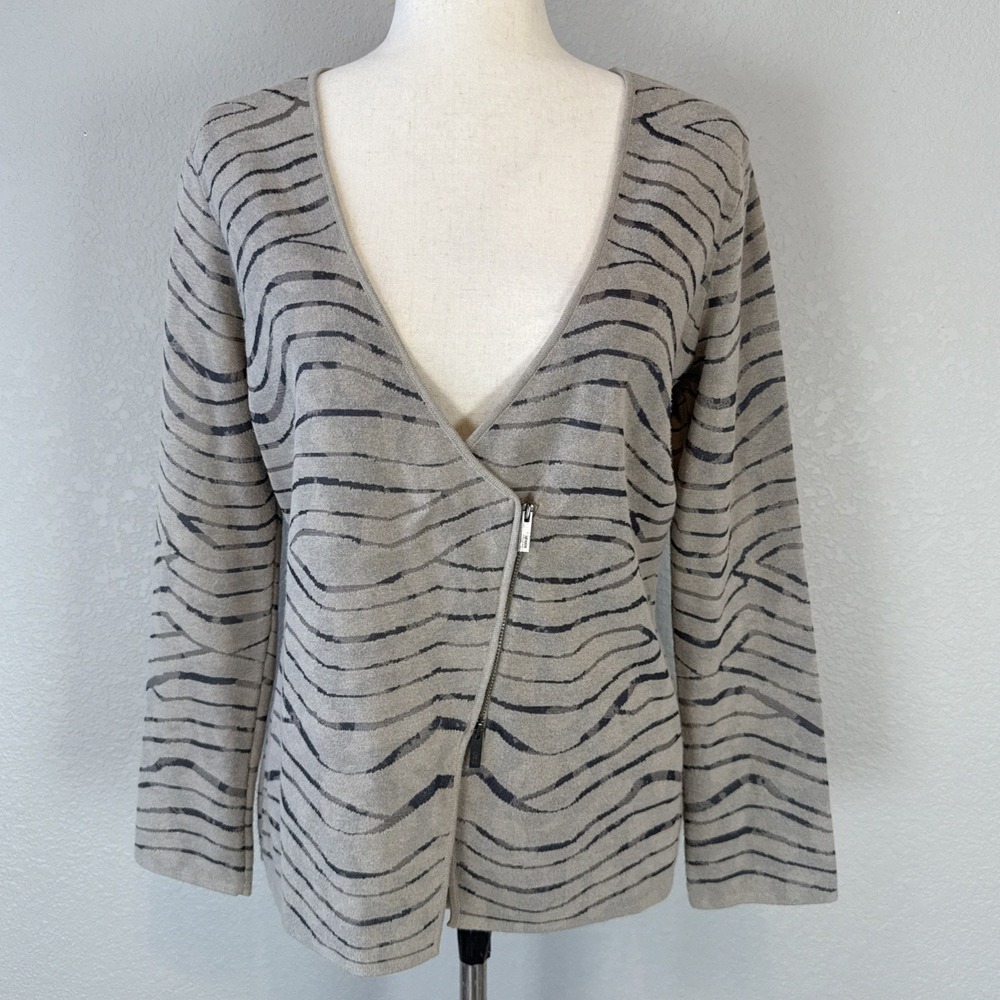 Armani Collezioni Asymmetrical Zip Cardigan Knit Jacket Size US 10 Gray Stripe - Picture 2 of 8